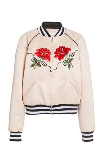 Shop Rodarte Women's Rose-embroidered Satin Bomber Jacket In Pink
