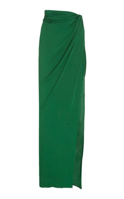 Shop Brandon Maxwell Side-slit Draped Jersey Maxi Skirt In Green