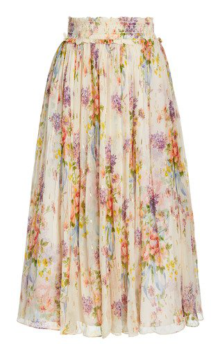 needle & thread ruffle midi dress in allover floral print
