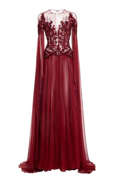 Shop Zuhair Murad Embellished Silk-chiffon Flared Dress In Red