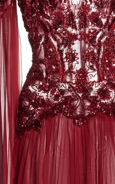 Shop Zuhair Murad Embellished Silk-chiffon Flared Dress In Red