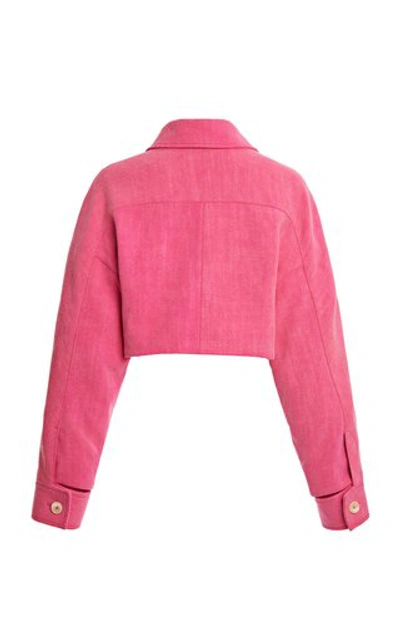 Shop Jacquemus Esterel Oversized Linen-blend Cropped Jacket In Pink