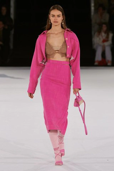 Shop Jacquemus Esterel Oversized Linen-blend Cropped Jacket In Pink