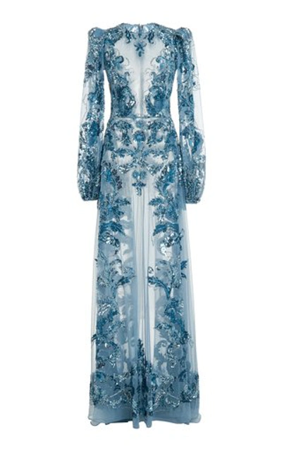 Shop Zuhair Murad Astor Embroidered Tulle Gown In Blue