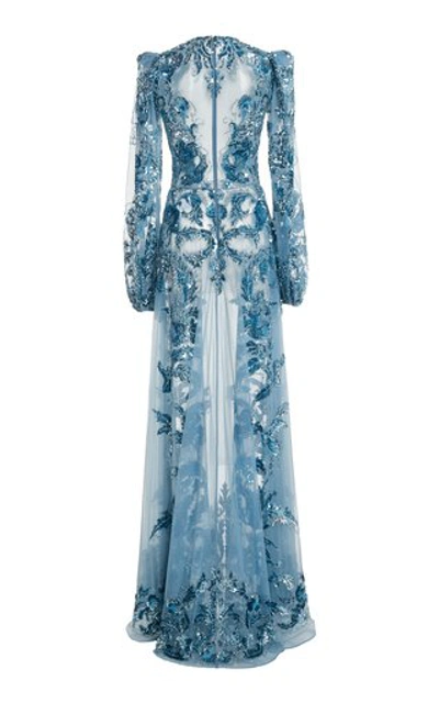 Shop Zuhair Murad Astor Embroidered Tulle Gown In Blue