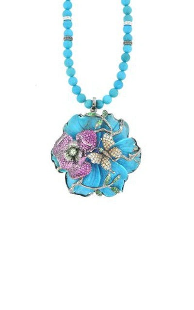 Shop Wendy Yue 18k White Gold; Turquoise; And Champagne Diamond Necklace In Blue
