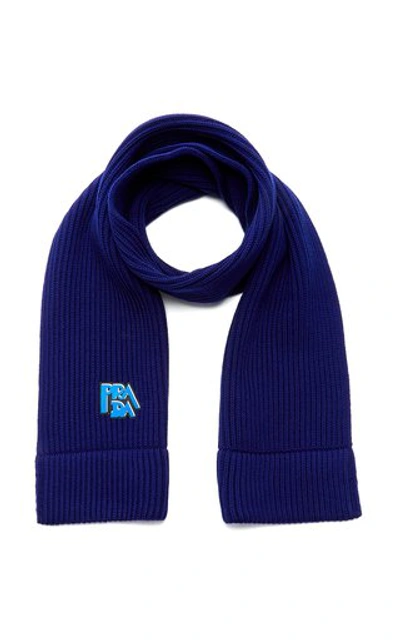 Shop Prada Logo-embroidered Wool Scarf In Blue