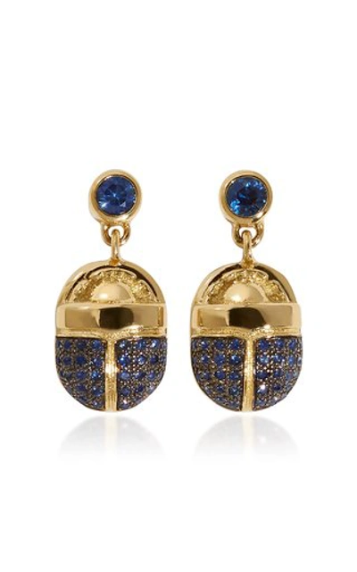 Shop Pamela Love Pave Scarab 18k Yellow-gold And Sapphire Drop Earrings In Blue