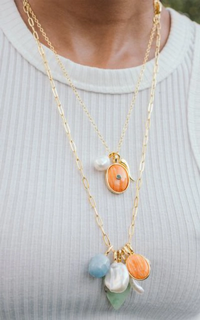 Shop Lizzie Fortunato Women's Tangerine Oasis Gold-vermeil Pearl And Emerald Chain Necklace In Orange