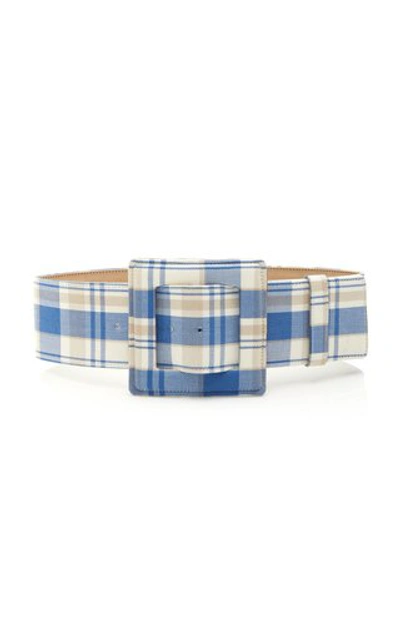 Shop Carolina Herrera Large Buckle Cotton Plaid Belt In Blue