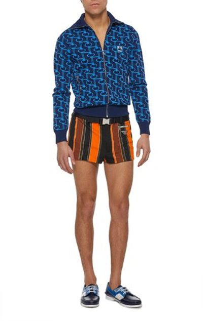 Shop Prada Diagonale Baiadera Striped Belted Swim Shorts In Orange