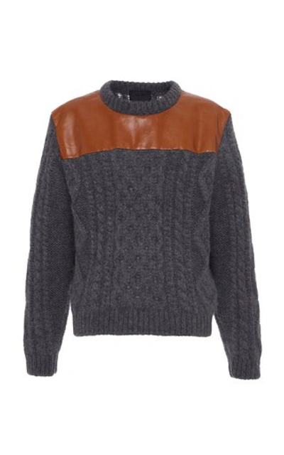 Shop Prada Leather Panel Wool Sweater In Grey