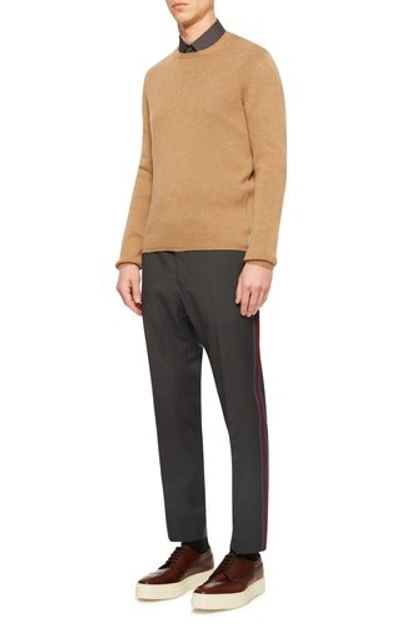 Shop Prada Striped Wool Mohair-crepe Slim-leg Pants In Grey