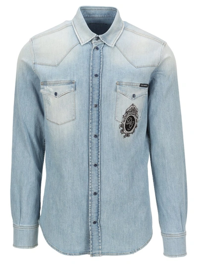 Shop Dolce & Gabbana Monogram Patch Denim Shirt In Blue