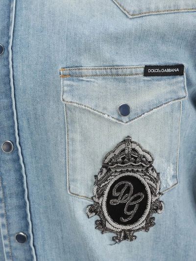 Shop Dolce & Gabbana Monogram Patch Denim Shirt In Blue