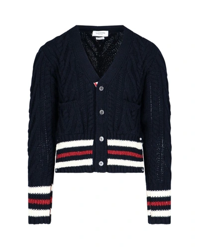 Shop Thom Browne Striped Cable Knit Cardigan In Blue