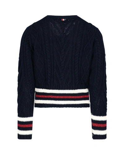 Shop Thom Browne Striped Cable Knit Cardigan In Blue