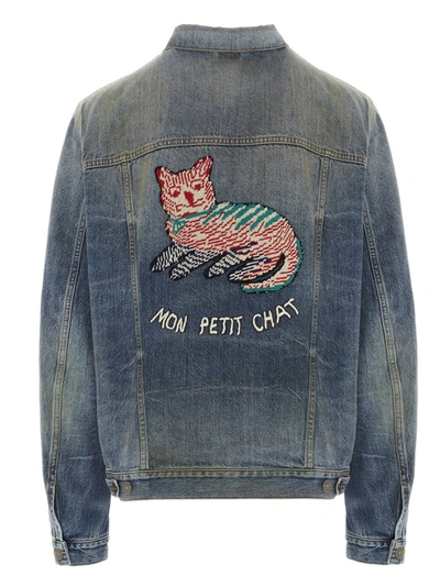 Shop Gucci Cat Patch Denim Jacket In Blue