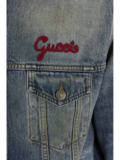 Shop Gucci Cat Patch Denim Jacket In Blue