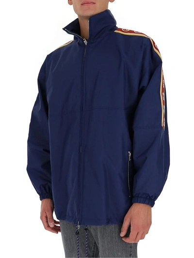 Shop Gucci Logo Stripe Bomber Jacket In Blue