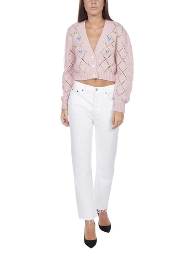 Shop Alessandra Rich Floral Embroidered Cardigan In Pink