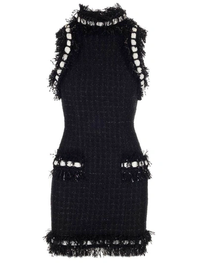 Shop Balmain Sequin Embellished Tweed Mini Dress In Black
