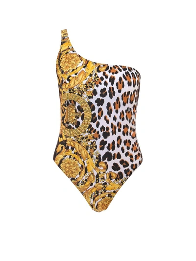 Shop Versace One Shoulder Swim Suit In Yellow