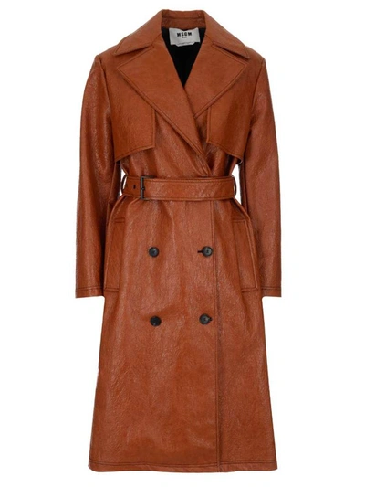 Shop Msgm Belted Trench Coat In Brown