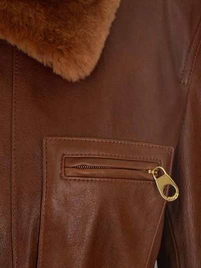 Shop Chloé Shearling Collar Leather Jacket In Brown