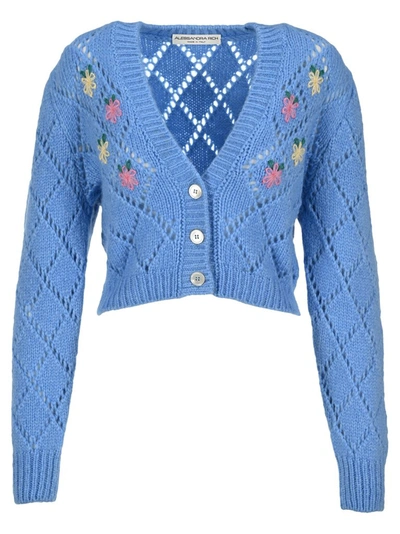 Shop Alessandra Rich Floral Embroidered Cardigan In Blue