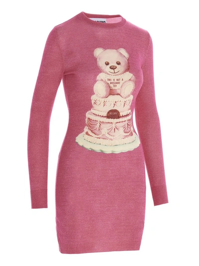 Shop Moschino Teddy Round Neck Knitted Dress In Pink