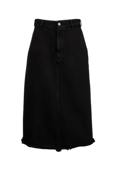 Shop Balenciaga Frayed Hem Midi Denim Skirt In Black