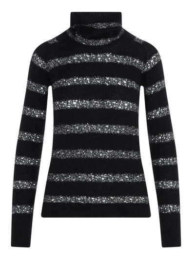 Shop Saint Laurent Striped Lurex Turtleneck Sweater In Black