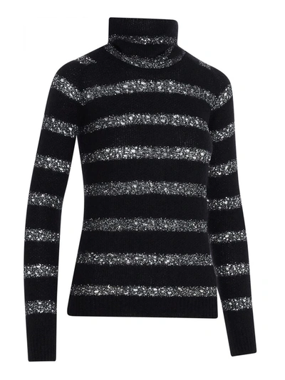 Shop Saint Laurent Striped Lurex Turtleneck Sweater In Black
