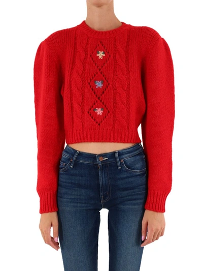 Shop Alessandra Rich Floral Embroidered Cropped Jumper In Red