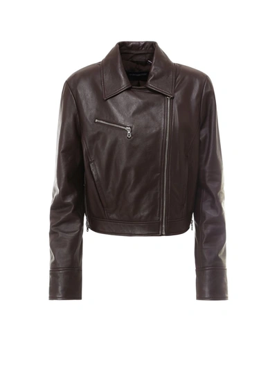 Shop Sportmax Code Asymmetric Zip Leather Jacket In Brown