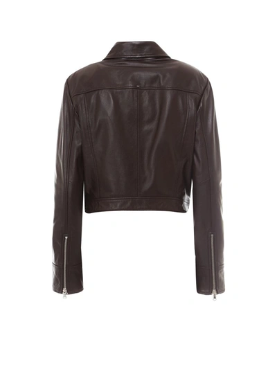 Shop Sportmax Code Asymmetric Zip Leather Jacket In Brown