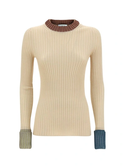 Shop Lanvin Contrasting Cuffs Ribbed Sweater In Beige