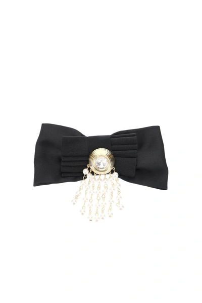 Shop Alessandra Rich Pearl Embellished Bow Hair Clip In Black