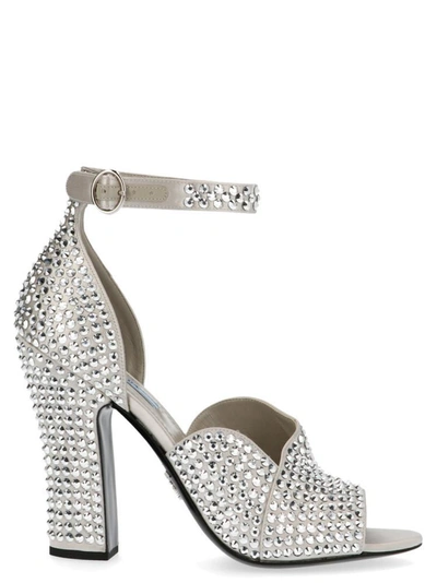 Shop Prada Embellished Ankle Strap Heel Sandals In Silver