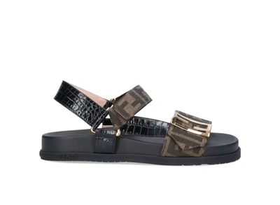 Shop Fendi Logo Strap Sandals In Black