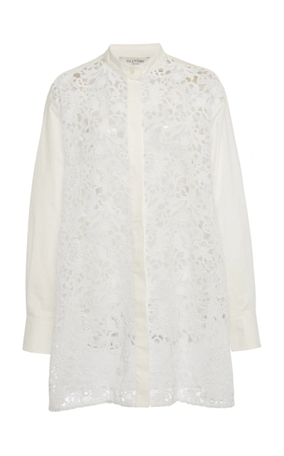 Shop Valentino Women's Macramã©-paneled Cotton-blend Shirt In White