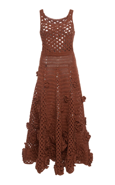Shop Valentino Women's Floral Open-knit Cotton Midi Dress In Brown