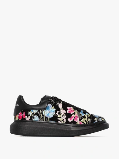 Shop Alexander Mcqueen Black And Multicoloured Floral Embroidered Oversized Sneakers