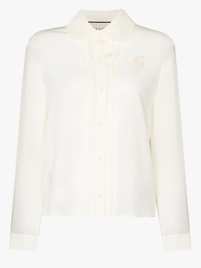 Shop Gucci Embroidered Silk Crêpe Blouse In White