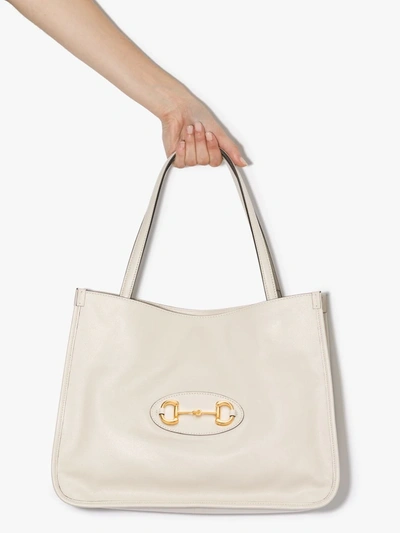 Shop Gucci White Horsebit 1955 Leather Tote Bag In Neutrals