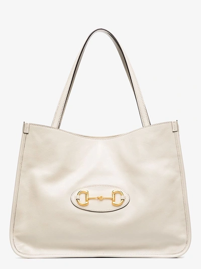Shop Gucci White Horsebit 1955 Leather Tote Bag In Neutrals