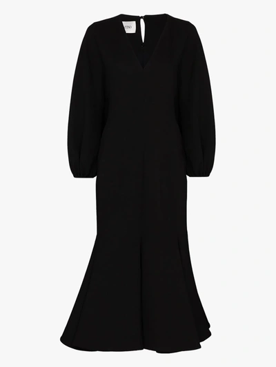 Shop Valentino Gathered Sleeve Wool Dress In Black