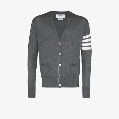Thom Browne V-neck Cardigan With 4-bar Stripe In Medium Grey Merino In Grau