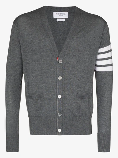 Thom Browne V-neck Cardigan With 4-bar Stripe In Medium Grey Merino In Grau